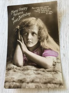 Vintage Birthday Greetings Postcard Card Girl Looking Wistful Poem Real Photo