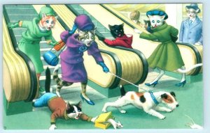 MAINZER DRESSED CATS Terrier Dog ESCALATOR Anthropomorphic #4714 Turkey Postcard