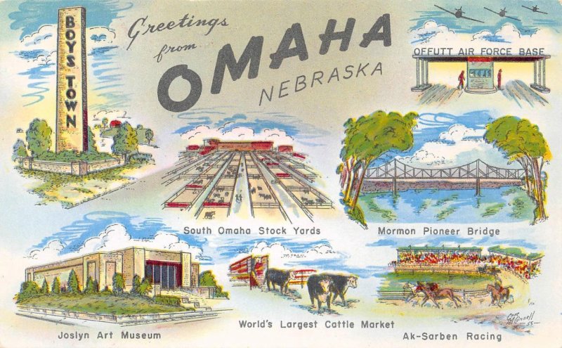 OMAHA Nebraska Stock Yards, Ak-Sarben Racing Offutt AFB c1960s Vintage Postcard