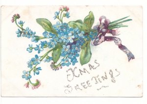 Xmas Greetings, Forget Me Nots, Vintage Greetings Postcard, Glitter