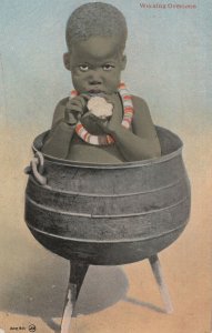 Working Overtime Child In Cooking Pot African Ethnic Old Postcard