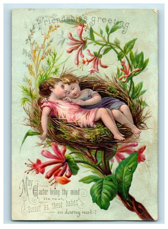 1880s-90s Embossed Victorian Easter Card Children In Giant Bird's Nest P214
