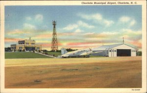 Charlotte North Carolina NC Airport Airplane Linen 1930s-50s Linen Postcard