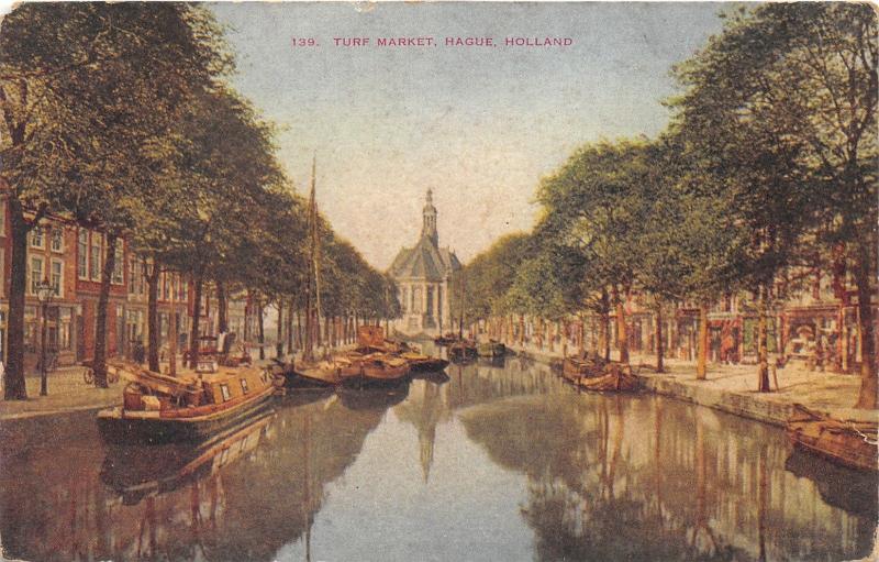 The Hague-Den Haag Holland~Turf Market~Boats on Canal~c1910 Postcard