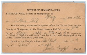 1932 Notice of Summons Jury Montgomery State of Iowa IA Posted Postal Card