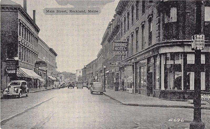 Rockland ME Main Street Store Fronts Old Cars Barber Shop Postcard