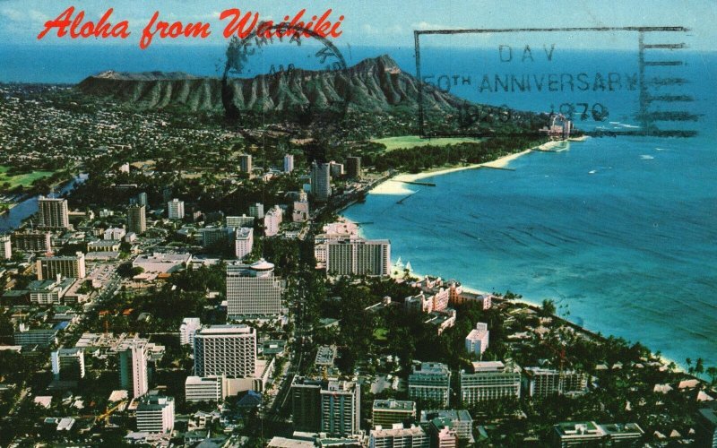 Vintage Postcard Aloha From Waikiki Older Familiar Landmarks Buildings Hawaii HI