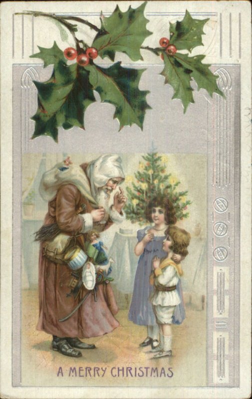 Christmas - Santa Claus Brown Suit Sweet Children Silver Border Postcard