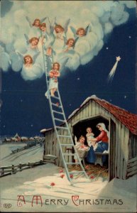 EAS CHRISTMAS Nativity Little Girl Angels Baby Jesus Antique GEL Postcard