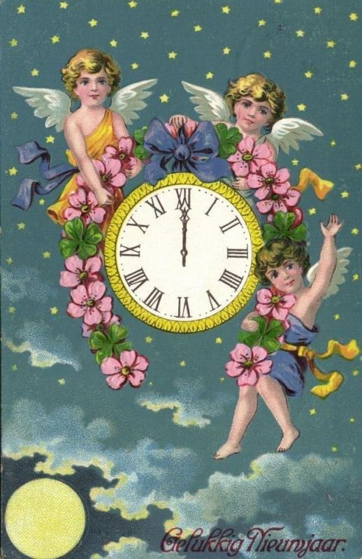 Happy New Year with Angels and Clock (1911) Postcard