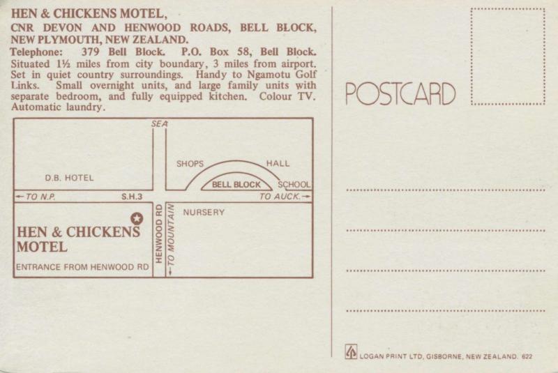 Hen & Chickens Motel Bell Block New Plymouth New Zealand NZ Unused Postcard D27