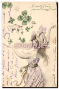 Old Postcard Fantaisie Pig Pork Mushroom Clover Horseshoe