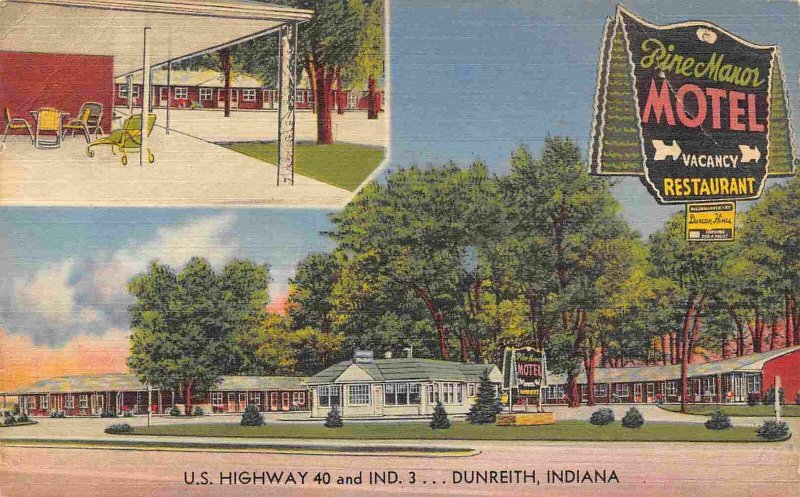 Pine Manor Motel US 40 IND 3 Highway Dunreith Indiana linen postcard
