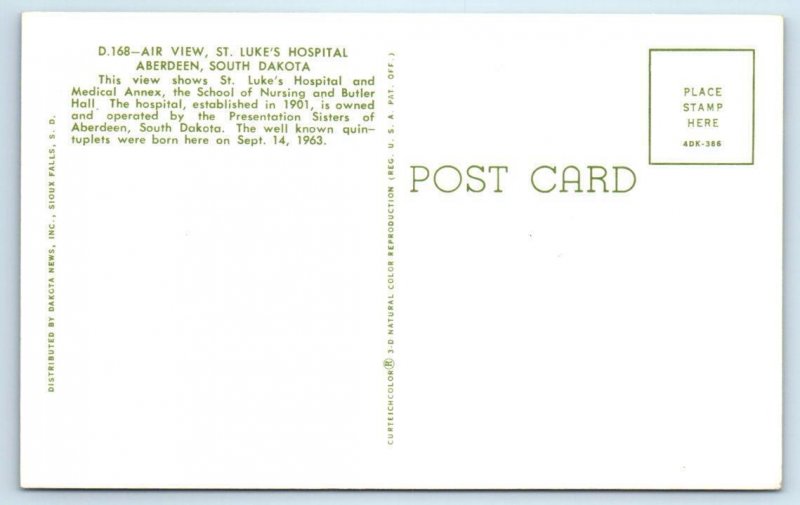 ABERDEEN, SD ~ Birthplace Fischer Quintuplets ST. LUKE'S HOSPITAL 1960s Postcard