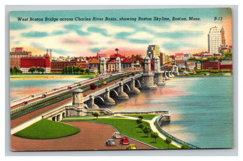 Vintage 1940's Postcard  West Boston Bridge Charles River Boston Massachusetts