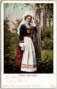 Skane Herrestad Victorian Woman White Dress Forest Background Posted Postcard