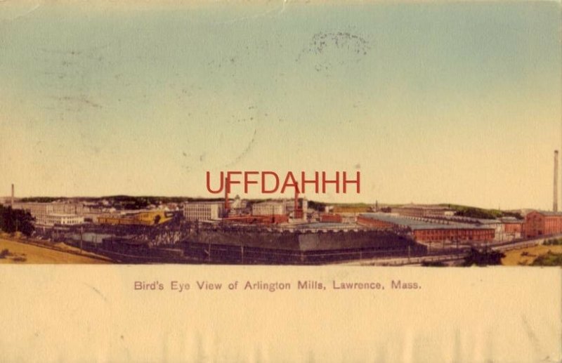 1908 BIRD'S EYE VIEW OF ARLINGTON MILLS, LAWRENCE, MA