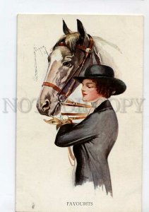 3134597 BELLE Lady & HORSE by Court BARBER vintage color PC