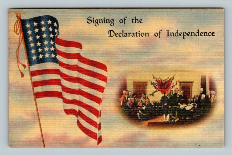 Signing Of The Declaration Of Independence, United States Flag, Linen Postcard