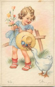 Drawn children scenes artist greetings postcard girl hat flowers duck