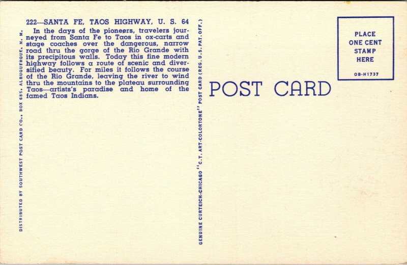 Vtg 1940s Santa Fe Taos Highway New Mexico NM Unused Linen Postcard