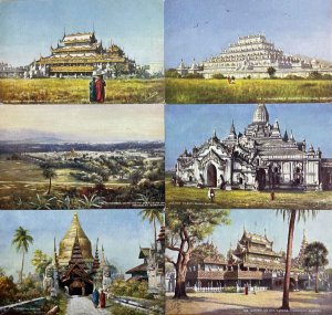 Lot of 6 Raphael Tuck wide wide world series BURMA ( MYANMAR ) Mandalay pagodas