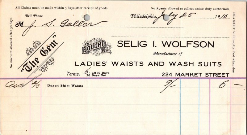 ANTIQUE 1910 SELIG I WOLFSON THE GEM LADIES WAISTS AND WASH SUITS PHILADELPHIA