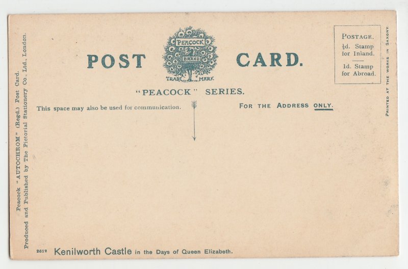 P2909, old postcard peacok series view kenilworth castle in days of the queen