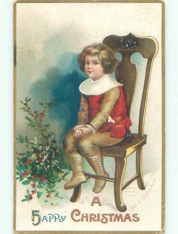 Pre-Linen Christmas signed CLAPSADDLE - CHILD ON CHAIR IN BUTTON SHOES AB5652