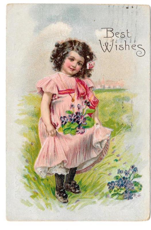 Best Wishes Pretty Girl Pink Dress Violets Embossed Postcard