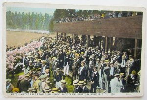 VINTAGE 1928 POSTCARD WATCHING THE RACE FROM CLUB HOUSE SARATOGA SPRINGS N.Y.