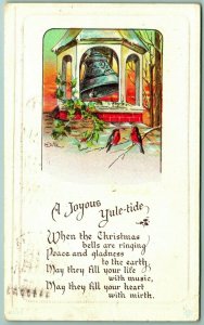 Sparrows Church Bell A Joyous Yuletide Poem Embossed 1919 Christmas Postcard F7