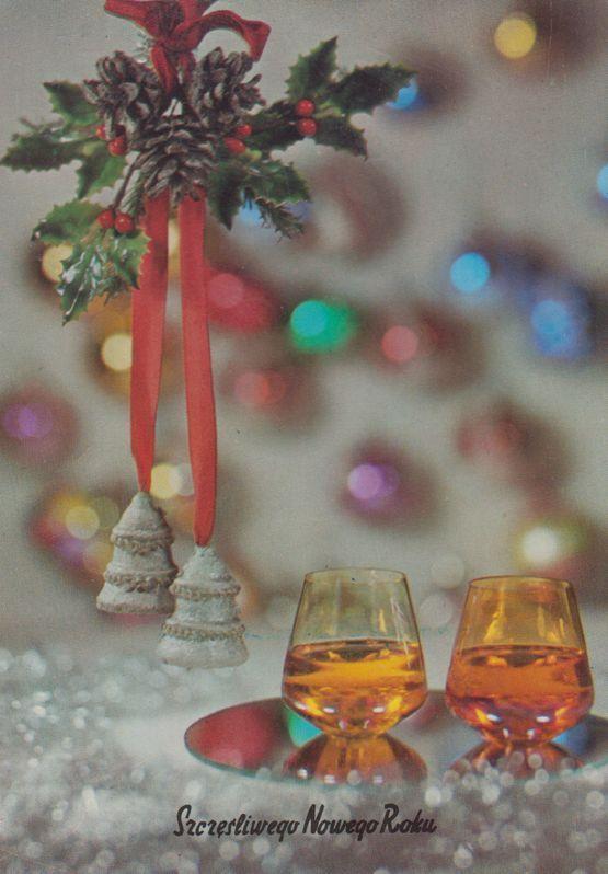 Poland Christmas Bells Red Ribbon Brandy Glass Polish Happy Christmas Postcard