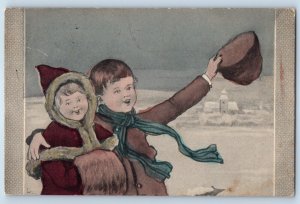 1909 Children With Hat Handwarmer Winter Scene Posted Antique Postcard