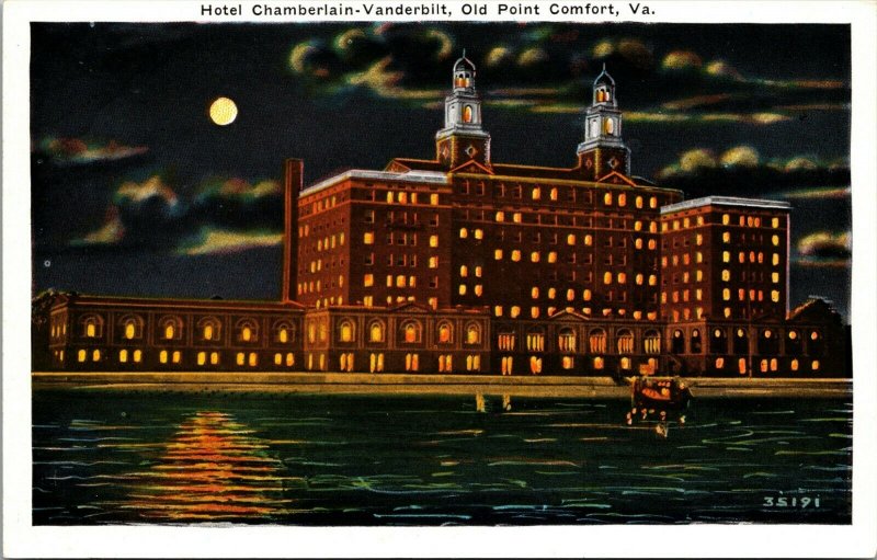 Hotel Chamberlin at Night Old Point Comfort Virginia VA Postcard - vintage - pc 