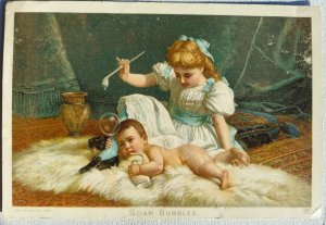 Tobacco Ad Vict Trade Card Soap Bubbles Sarony Recorder Honest NC Girl Baby Rug