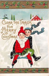 Christmas Greetings Children on Snow Sled HBG Vintage Postcard AA41447