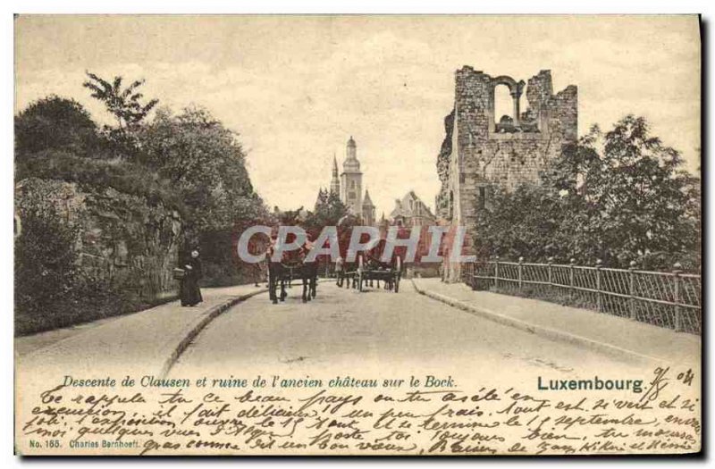 Old Postcard Descent Clausen and ruins of ancient Chateau on the Bock Luxembourg