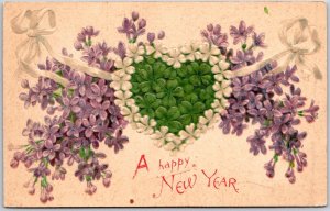 1908 A Happy New Year Violets Heart White Ribbon Greetings Card Posted Postcard