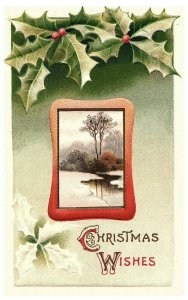 Christmas Wishes Vintage Antique German Postcard w / Holly Snow Scene