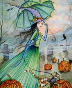 Halloween Postcard Molly Harrison Green Dress Witch Cat Fantasy 2005 Ltd. To 33