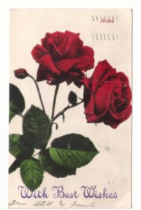 With Best Wishes, Red Roses, Antique 1909 Undivided Back Greetings Postcard