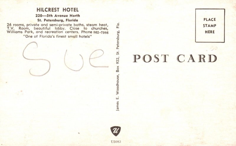 Vintage Postcard Hilcrest Hotel Small Hotels 5th Ave. North St. Petersburg Fla.