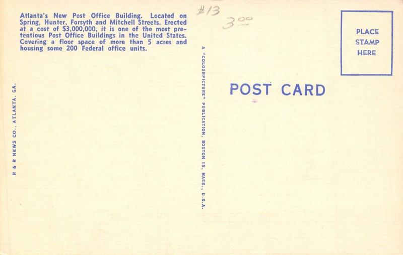 Atlanta Georgia~ART DECO US Post Office~Peach Red Trim~1940s Linen Postcard 