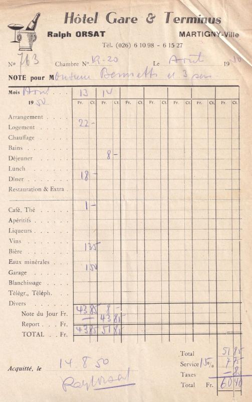 Martigny Switzerland Station Gare Hotel 1950 Receipt