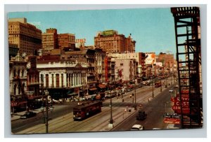 Vintage 1960's Photo Postcard Canal Street Cable Cars Antique Cars New Orleans