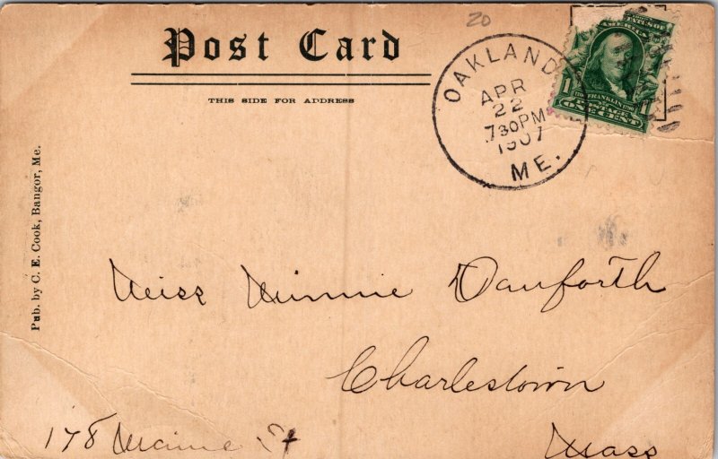 1907 Oakland Maine Main Street Train Depot Railroad Foster’s Drug Store Postcard