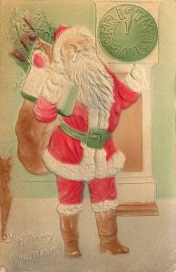 Embossed Airbrushed Santa Claus Christmas Postcard Clock Says Christmas