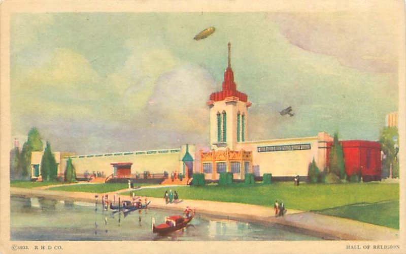 1933 Chicago World's Fair Hall of  Religion, Blimp, Boats Litho Postcard...