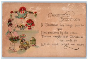 1922 Christmas Greetings Girl Poinsettia Birds Toy Cart Doll Antique Postcard 